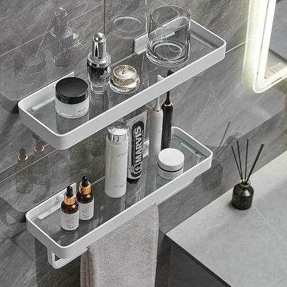 VOLPONE Bathroom Shelves Wall Mounted 2 Tier Glass Floating Shelf - Tempered Glass Wall Organizer (White)