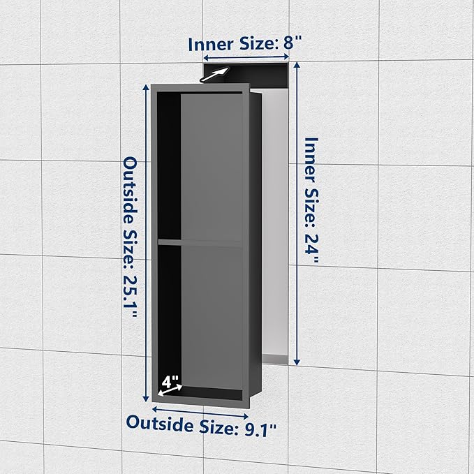 Stainless Steel Shower Niche 24" X 8", No Tile Needed Wall Niche Double Shelves, Recessed Shower Shelf for Bathroom Storage, Gun Metal