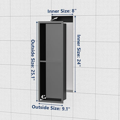 Stainless Steel Shower Niche 24" X 8", No Tile Needed Wall Niche Double Shelves, Recessed Shower Shelf for Bathroom Storage, Gun Metal