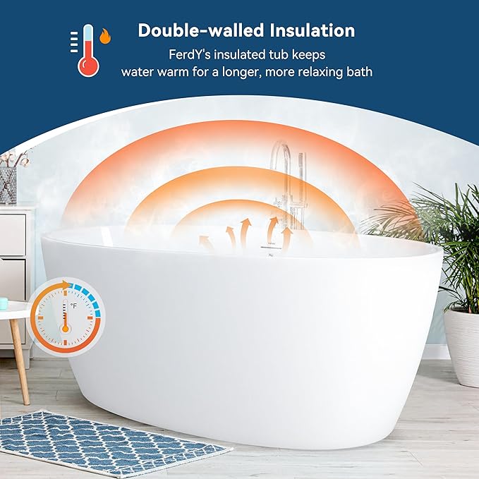 FerdY Tahiti 59" Acrylic Freestanding Bathtub, Elegant Oval Shape Bathtub, Glossy White, Brushed Nickel Drain & Integrated Slotted Overflow Assembly Included cUPC Certified, 02119