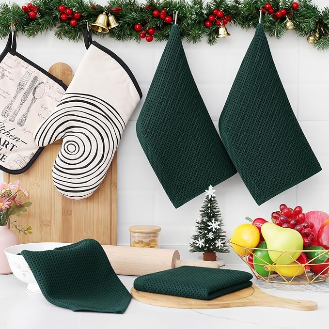 Homaxy 100% Cotton Waffle Weave Kitchen Dish Cloths, Ultra Soft Absorbent Quick Drying Dish Towels, 12 x 12 Inches, 8-Pack, Blackish Green