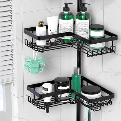 Corner Shower Caddy Tension Pole - 4 Tier Stainless Steel Rustproof Shower Corner Caddy for Bathtub Bathroom Shower Organizer Shelves Adjustable Pole 25-114.2 Inch Black