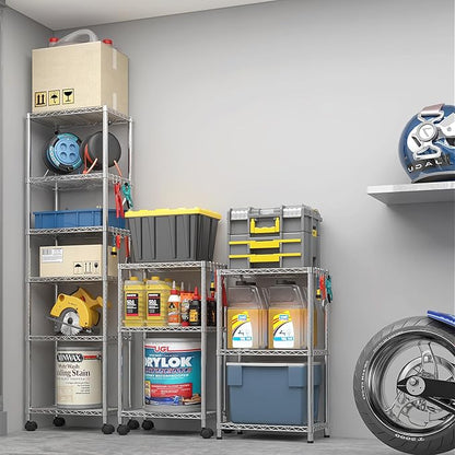 6 Tier Storage Racks Shelving, Heavy Steel Pantry Shelves, Adjustable Wire Shelving Rack with Wheels, Suitable for Garage, Kitchens, Offices, 24" W x 14" D x 72" H, Grey Silver