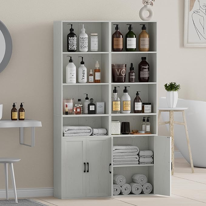 Tall Bathroom Storage Cabinet, Bathroom Floor Cabinet with Wide 4 Tier Shelf, Storage Unit for Living Room, Entryway, Kitchen (Retro White, 2 PCS)