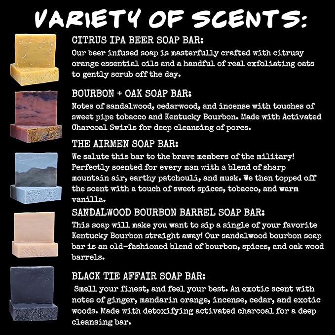 BLUEBYRD Soap - Men's Variety Pack Bourbon Soap Bars | Natural Skin Care, Handmade, Cold Process, Organic | Masculine Fragrance- Bourbon Oak, Citrus IPA Beer, Sandalwood Whiskey, Charcoal (Bourbon)