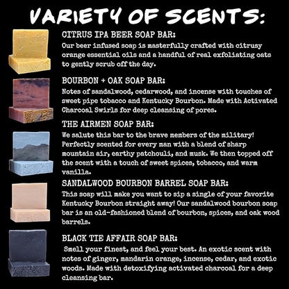 BLUEBYRD Soap - Men's Variety Pack Bourbon Soap Bars | Natural Skin Care, Handmade, Cold Process, Organic | Masculine Fragrance- Bourbon Oak, Citrus IPA Beer, Sandalwood Whiskey, Charcoal (Bourbon)