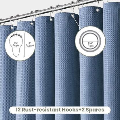 Inhousolu Fabric Shower Curtain Waffle Weave, Moonlight Blue 230 GSM Heavy Duty, Weighted Hem, 14 Metal Hooks, Water Repellent, Machine Washable, Hotel Spa Luxury Bath Curtain Set, 72 x 72 Inch