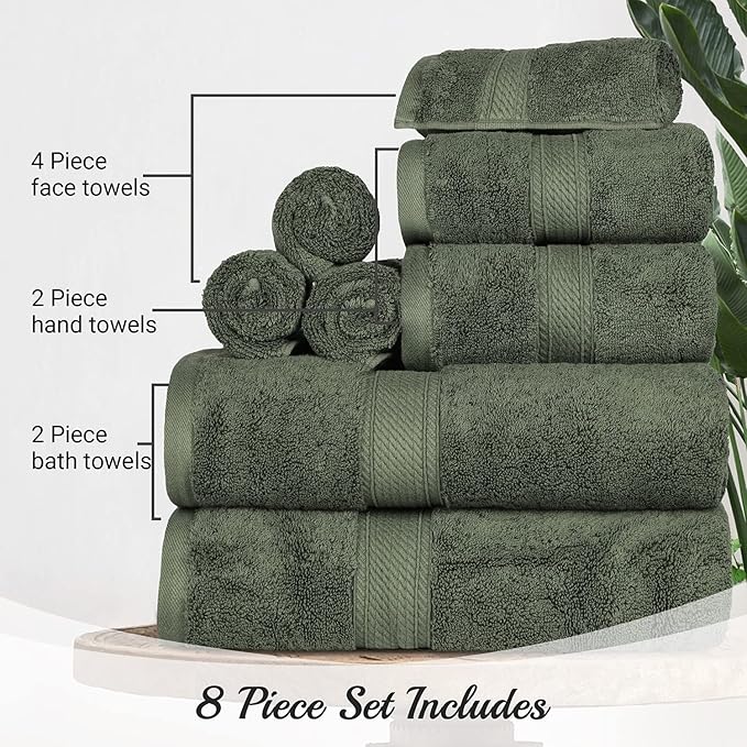 BLUENILEMILLS Madison Egyptian Cotton Towels, Towel Set for Bathroom, Shower, Hotel, Plush, 800 GSM, Highly Absorbent and Ultra-Soft Towels, Bath Essentials, 8 Piece Assorted Towel Set, Forest Green