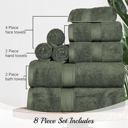 BLUENILEMILLS Madison Egyptian Cotton Towels, Towel Set for Bathroom, Shower, Hotel, Plush, 800 GSM, Highly Absorbent and Ultra-Soft Towels, Bath Essentials, 8 Piece Assorted Towel Set, Forest Green