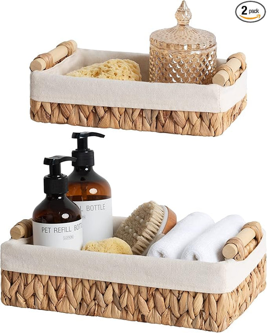 StorageWorks Small Baskets for Organizing, Wicker Bathroom Basket for Toilet Tank Top with Liner, Natural Water Hyacinth, Set of 2