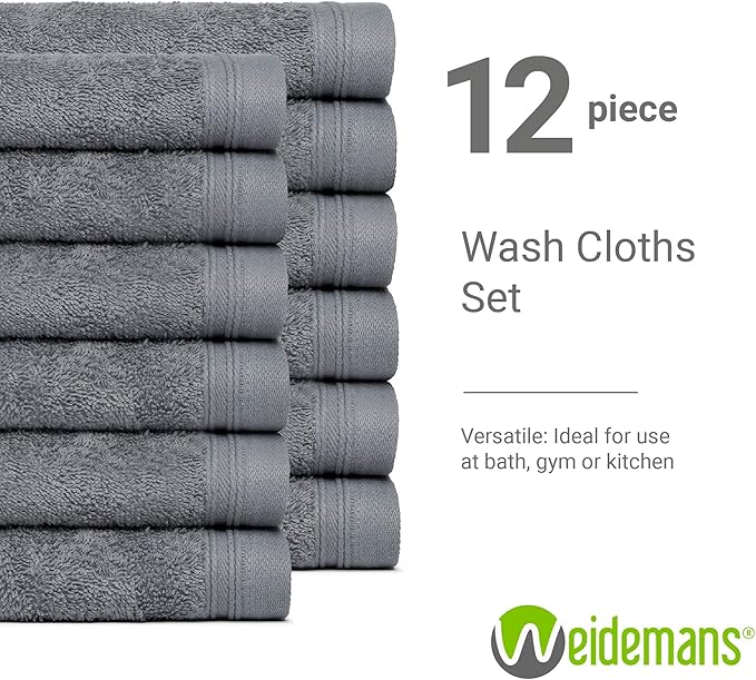 100% Cotton Washcloths Set 13” x 13” | Dark Grey Towels | Set of 24 Ultra Soft and Highly Absorbent Washcloths Sets for Bathroom, Gym, Spa | Machine Washable Face Towel