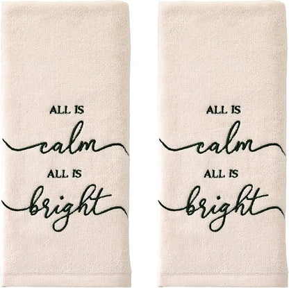SKL Home Christmas/Winter All is Calm 100% Cotton Embroidered 2pc Hand Towel Set, Decorative for Bath/Kitchen/Bar, Natural
