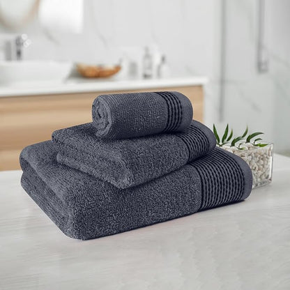 Belizzi Home Ultra Soft 3 Pack Cotton Towel Set, Contains a Bath Towel 28x55 inch, a Hand Towel 16x24 inch & a Wash Coth 12x12 inch, Ideal Everyday use, Compact & Lightweight -Charcoal Grey