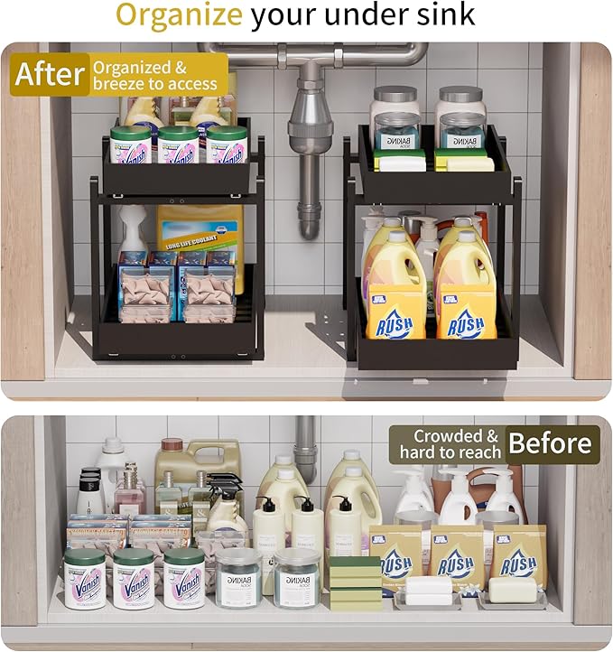 Bamboo Wood Under Sink Organizer 1 Pack, Pull Out Cabinet Organizer 2 Tier Under Sink Organizers and Storage with Sliding Drawer Sturdy Easy Assembly for Kitchen Bathroom Undersink (Black, 1 Pack)
