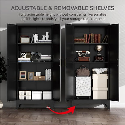 61" Tall Metal Kitchen Pantry Storage Cabinet with Double Doors & 3 Adjustable Shelves, Freestanding Cupboard for Kitchen, Dining Room, Bathroom, Black