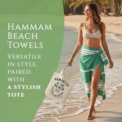 Turkish Cotton Beach Towel Pack of 6 & 1 Boho Tote Bag - Hammam Towels - No Shrink - Quick Dry - Lightweight - Sand Free - Camping - Pool - Tanning - Beach Essentials - Green (40"x70")