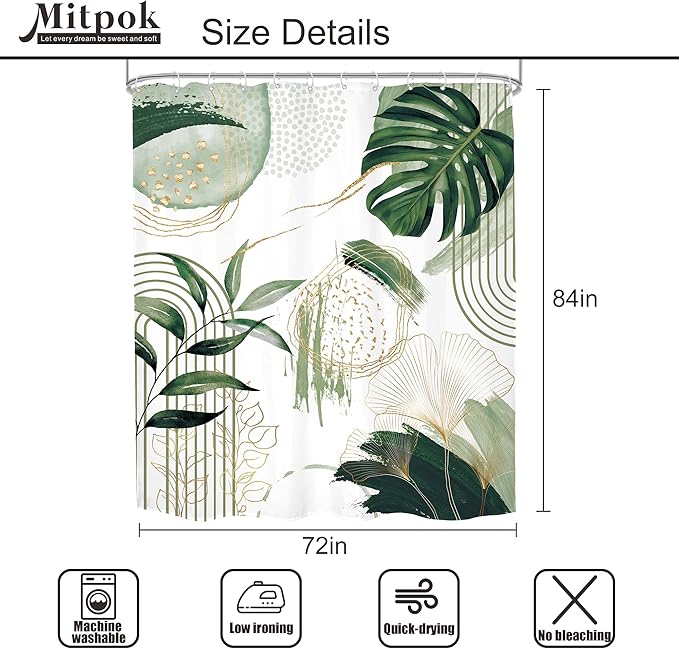 Sage Green Boho Shower Curtain Extra Long Modern Abstract Tropical Leaves Bohemian Gold Palm Leaf Mid Century 72Wx84H Bathroom Decor Geometric Plant Bath Curtain Fabric Polyester 12 Pack Hooks