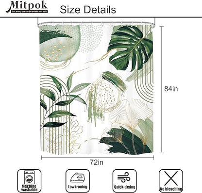 Sage Green Boho Shower Curtain Extra Long Modern Abstract Tropical Leaves Bohemian Gold Palm Leaf Mid Century 72Wx84H Bathroom Decor Geometric Plant Bath Curtain Fabric Polyester 12 Pack Hooks