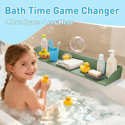 Roslim Bathtub Splash Guard for Tub - Silicone Bath Ledge for Toddlers, Tub Play Shelf for Kids with Suction Cups, Bathtub Side Tray for Bath Toys, Bathroom Accessories for Toddlers, Olive Green