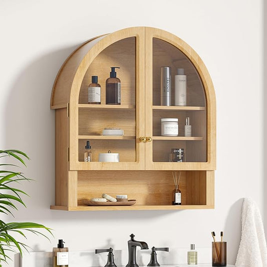 Large Arched Wall Cabinet with Acrylic Door, Large Wooden Wall Mounted Bathroom Cabinet, Modern Hanging Medicine Cabinet with Adjustable Shelf and Open Shelf, Natural Oak