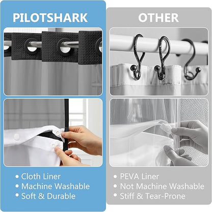 No Hook Waffle Weave Shower Curtain Set with Snap-in Fabric Liner and Mesh Top Window,256GSM Heavy Duty Fabric,Black Washable Luxury Shower Curtain for Bathroom Stalls (72x75 Inch)