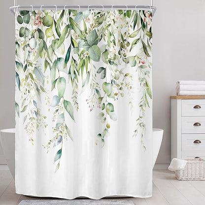 Riyidecor Extra Long Eucalyptus Leaves Shower Curtain for Bathroom Decor 72Wx96H Sage Green Botanical Plants Spring Leaf Floral Herbs Art Printed Fabric Polyester Waterproof 12 Pack Plastic
