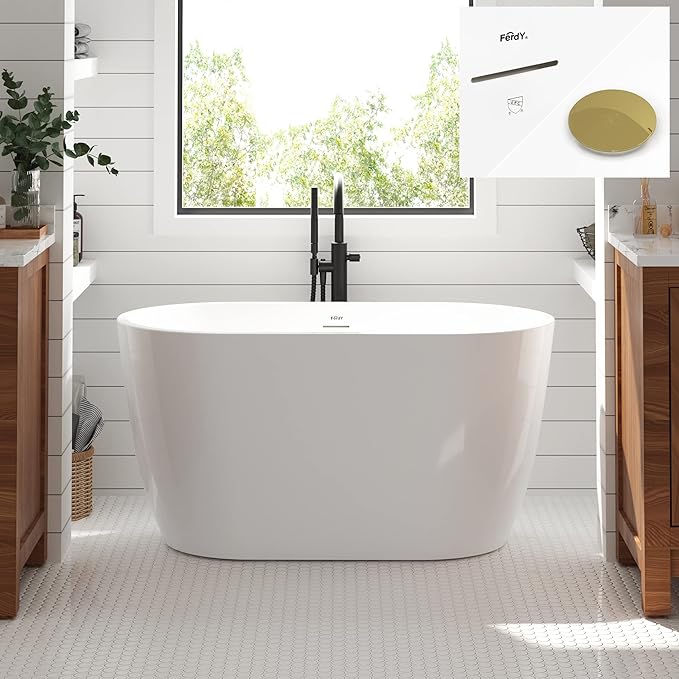 FerdY 47" Bali Acrylic Freestanding Bathtub with Headrest, Gracefully Shaped Soaking Bathtub, cUPC Certified, Toe-Tap Polished Gold Drain& Minimalist Linear Design Overflow& Bath Pillow Included