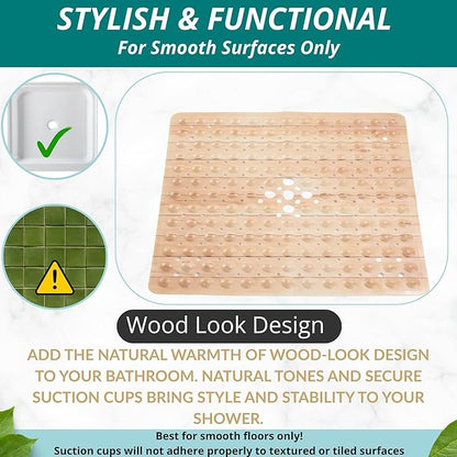 ENKOSI Square Shower Mat 21x21 inch - Anti Slip Bathroom Shower Floor Stall Mat - Non Slip Wood Design Shower Mats with Strong Secure Suction Cups and Drain Holes in Middle (21x21 Wood Teak)