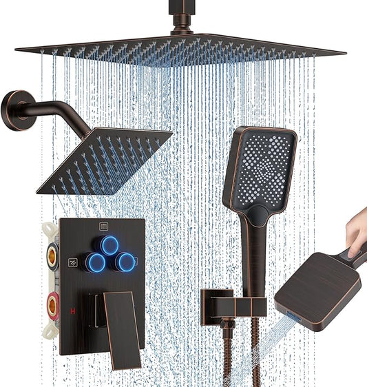 Shower Faucet Set, 12" Ceiling Mount Rainfall Shower System with 2 Rain Shower Head and Multi-function Handheld Head Push Button Diverter Shower Faucet Trim Kit (12", Oil Rubbed Bronze)