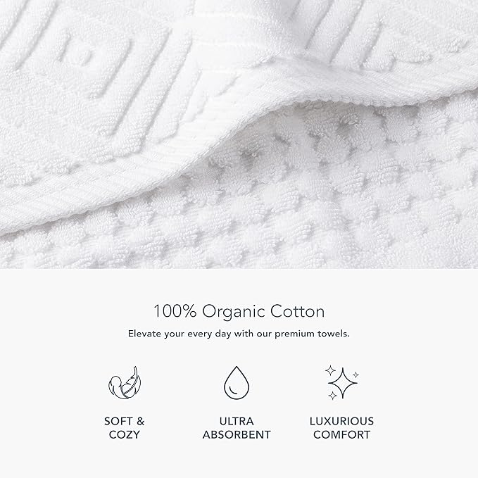 Texere 100% Organic Cotton Diamond Jacquard 700 GSM Luxury Bath Towel Sets - Ultra Soft and Absorbent Hotel and Spa Quality (Diamond, Bright White, 2 Hand & 2 Wash Towels)