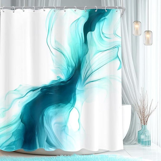 Cinbloo Teal Turquoise Aqua 60Wx72H Shower Curtain Abstract Modern Ombre Marble Ink Art White Texture Minimalist Bathroom Curtain Set Aesthetic Simple Cool Neutral Bath Bathroom Accessories Decor