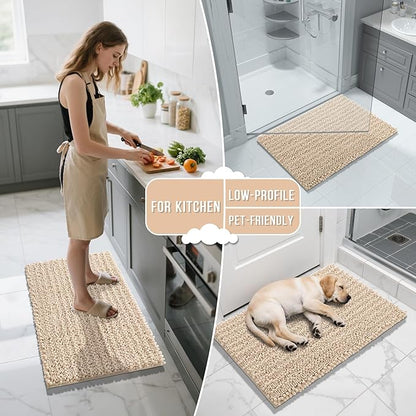 Yimobra Bathroom Rugs Sets 2 Piece - Quick Dry Extra Thick Luxury Chenille Bath Mat, Non Slip Super Absorbent for Tub Shower Sink, Machine Washable Shaggy Floor Mat, 44"x24"+24"x17" Inch, Light Brown