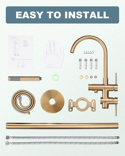 Freestanding Bathtub Faucet Brushed Gold, Floor Mount Tub Filler, High Flow Brass Shower Faucets with Handheld Sprayer for Bathroom