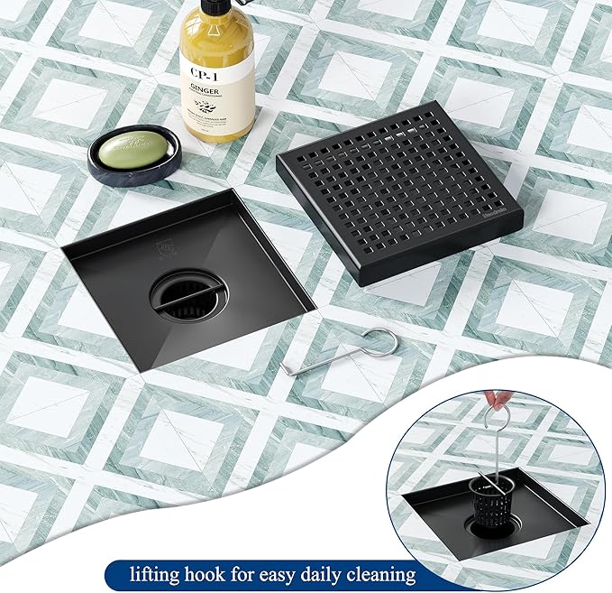 Neodrain 6 Inch Square Shower Drain, 304 Stainless Steel Bathroom Drainage with Removable Quadrato Pattern Grate, PVC Shower Drain Base, Hair Strainer for Bathroom Floor Drains, Matte Black