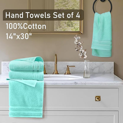 VOOVA & MOVAS Teal Hand Towels for Bathroom, Bath Hand Towels Set of 4, 14"x30" - 100% Cotton | Light Weight | Soft | Absorbent | 480GSM, Thick Fluffy Hand Towel Set, Bathroom Essentials, Aqua Teal