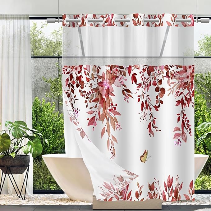 No Hook Shower Curtain and Liner Set, Red Eucalyptus Floral Shower Curtains for Bathroom, Bath Curtain Sets with Snap in Liner, Waterproof with See Through Top Window, 71x74 Inches
