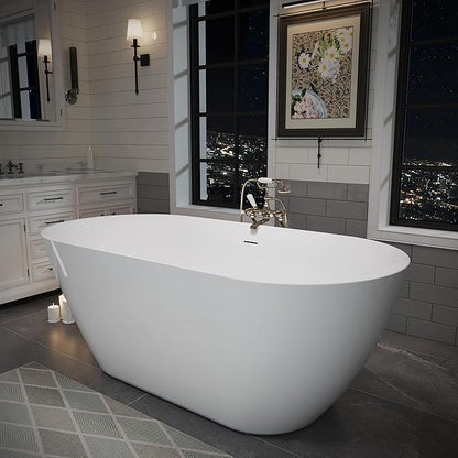 ABRUZZO 55" Acrylic Freestanding Bathtub - Oval Deep Soak Tub, Center Drain & Overflow, cUPC Certified Glossy White