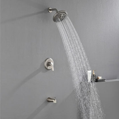 SHAMANDA Shower Tub Faucet Set with Rough-in Valve and Trim Kit, Shower System with Waterfall Diverter Tub Spout, Single Handle 8 Inch 6-Spray Rain Shower Head Combo Set, Brushed Nickel, L818-2