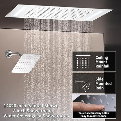 Shower System Chrome Shower Faucet Set with 14X20 inch Ceiling Mount Shower Head and 8 inch Wall Mount Shower Head, Handheld Shower, with Temperature Display Function