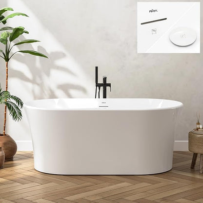 FerdY Santorini 58" Acrylic Freestanding Tub, Gracefully Shaped Contemporary Soaking Tub, Glossy White, cUPC Certified, White Toe-tap Drain and