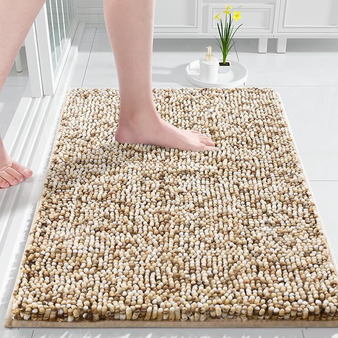 Yimobra Bath Mats for Bathroom Non Slip, 36x24, Extra Soft Chenille Bathroom Rugs, Luxury Fluffy Long Matts for Tub, Plush Shaggy Carpet, Water Absorb, Machine Washable, Beige & Light Coffee