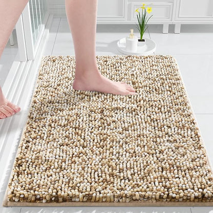 Yimobra Bath Mats for Bathroom Non Slip, 31.5x20, Extra Soft Chenille Bathroom Rugs, Fluffy Plush Luxury Shower Mat Outside, Water Absorbent, Machine Washable, Sink and Tub, Beige & Light Coffee