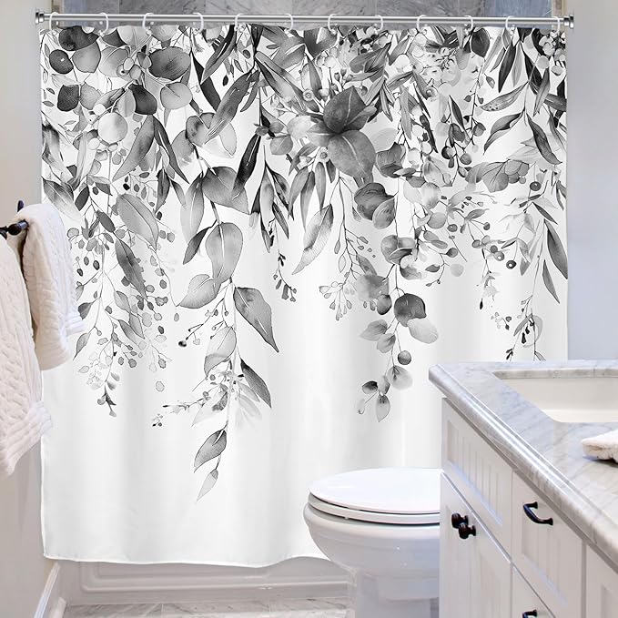 Riyidecor Black White Eucalyptus Shower Curtain for Bathroom Decor 72Wx72H Leaves Dark Plants Watercolor Floral Rustic Botanical Leaf Art Printed Fabric Polyester Waterproof 12 Pack Plastic