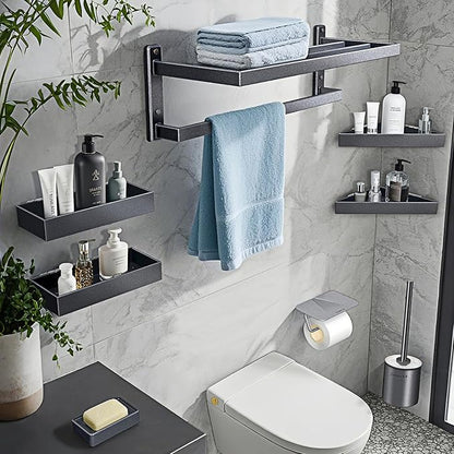 Bathroom Towel Rack, 24 Inch Towel Holder with Double Towel Bar, Aluminum Alloy Square Modern Hotel Style Wall Mounted Bathroom Shelf Organizer