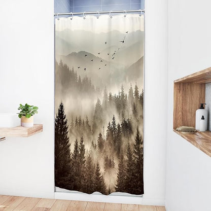 Riyidecor Foggy Mountain Small Stall Shower Curtain 36Wx72H Inch Nature Scenery Tree Rustic Woodland Alpine Landscape Natural Abstract Modern Bathroom Decor Fabric Polyester Waterproof 7 Pack Hooks
