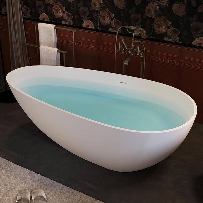 Abruzzo 67“ Solid Surface Freestanding Bathtub, Egg Shell Shaped Stone Resin Freestanding Tubs, Contemporary Oval Soaking Tubwith Overflow in Matte White, cUPC Certified