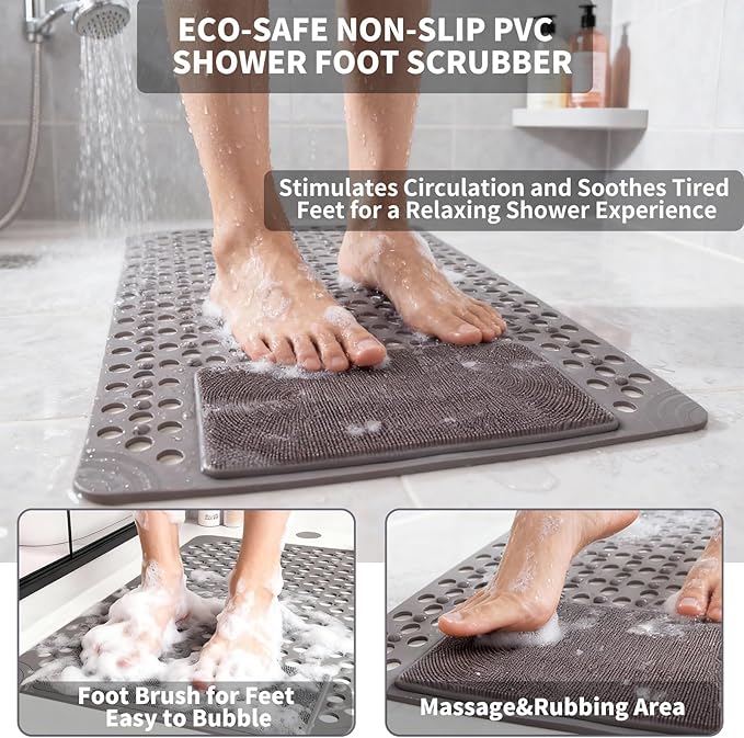 Bath Tub Shower Mat with Soft Shower Foot Scrubber Mat for Massage,Non Slip Bathtub Mat with Strong Suction Cups, Silicone Shower Foot Scrubber Mat (Gray, 31.5" X 19.7"(Rectangular))