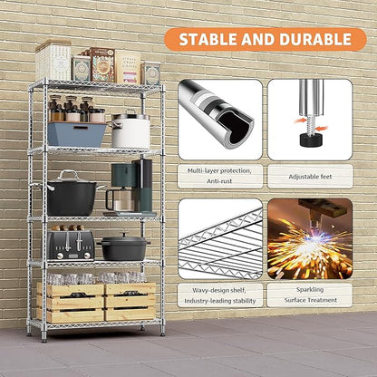 MZG 1750 lbs 5 Tier Storage Rack Metal Wire Shelving Unit, Storage Standing Household Shelf Organizer for Kitchen Pantry Closet Garage Basement Utility Room, Chrome 15.7" D x 45.3" W x 70.4" H