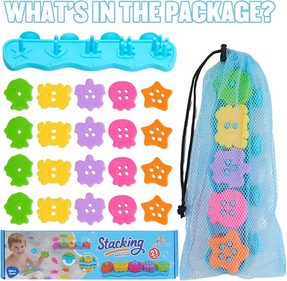 Bath Toys for Kids Ages 1-3 Mold Free Bath Toys Color and Shape Sorting & Stacking Toys with 21 Soft Rubber Floating Pieces for Babies 18+ Months, Early Learning Educational Bathtub Toddler Toys