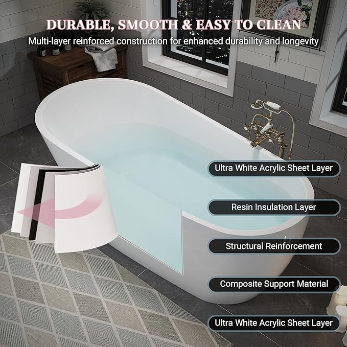 ABRUZZO 63" Acrylic Freestanding Bathtub - Deep Soaking Tub with Pop-Up Drain & Overflow, Glossy White Standalone Bathtub for Modern Bathroom, Fiberglass Reinforced Construction
